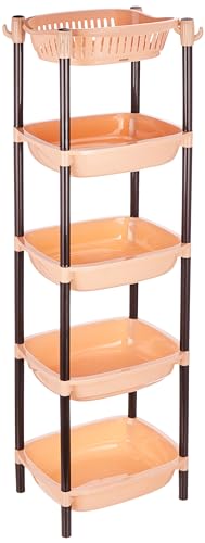 Amazon Brand – Solimo Five-Tier Multipurpose Plastic Rack For Kitchen, Living Room, Bathroom (Xl, Beige And Brown)