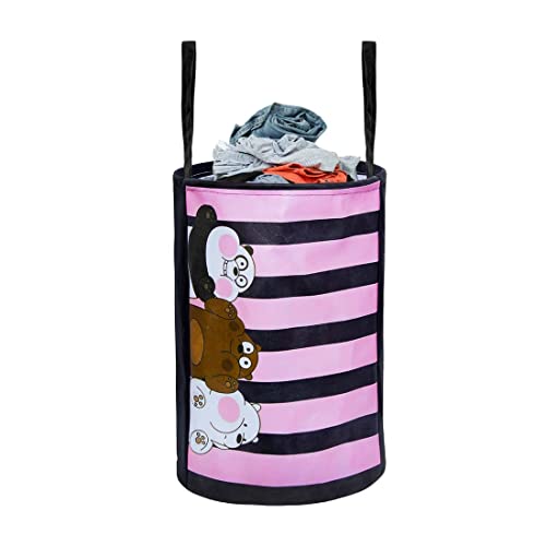 Prettykrafts 45L Non Woven Panda Printed Round Foldable Large Laundry Bag/Basket With Handles, Freestanding Clothes Storage Organizer For Bedroom, Bathroom (37X 37X45Cm, Multicolour, Set Of 1)