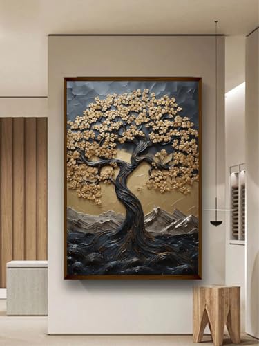 Artsense Wood Abstract Golden Lucky Wishtree Painting For Wall Decoration Abstract Wall Painting For Living Room Big Size Painting With Frame-Multicolor -20X30 Inches/(50X71Cm)