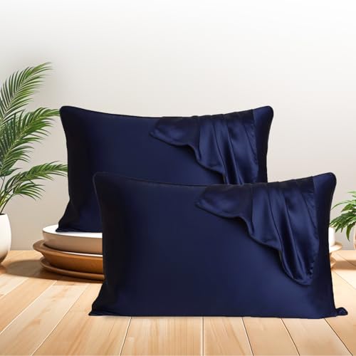 Canway 2 Pieces Satin Silk Pillow Cases And Free 3 Pieces Silk Scrunchies, Super Soft Envelope End Design Pillow Cover, Good For Hair And Skin (Navy Blue) (28X18 Inches)