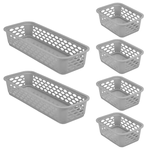 Ratan Plasticware Diana Tray Baskets Pack Of 6 (Small X 4+Narrow X 2) – (Grey) | Desk Basket/Organizers For Stationery, Jwellery, Tools, Cabinet Organizer For Bedroom Or Washroom, Kitchen, Office