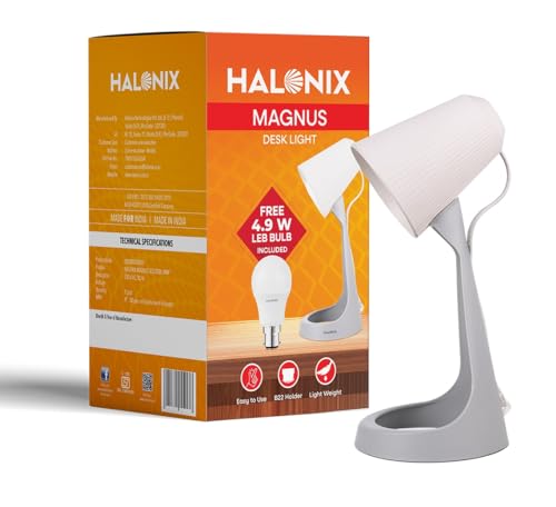 Halonix Polycarbonate Magnus Desk Light | With 4.9W Led Bulb | B22 Holder | Light Weight | Easy To Use Study Lamp | Designer Study Light |,Beige