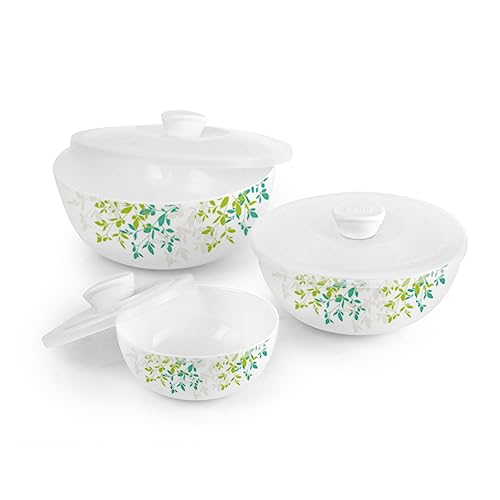 Cello Opalware Green Orchard Mixing Bowls With Lid (500Ml, 1000Ml, 1500Ml), 3 Units, White